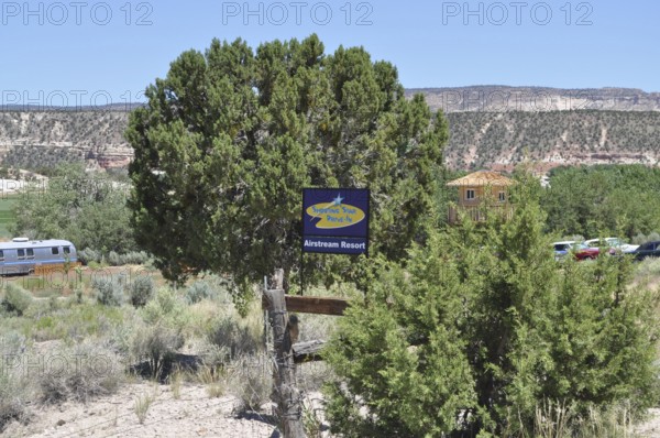 A tree with a sign in a rural landscape surrounded by green bushes and houses in the background, Shooting Star Drive In Airstream Resort, Bryce Canyon National Park, Utah, USA