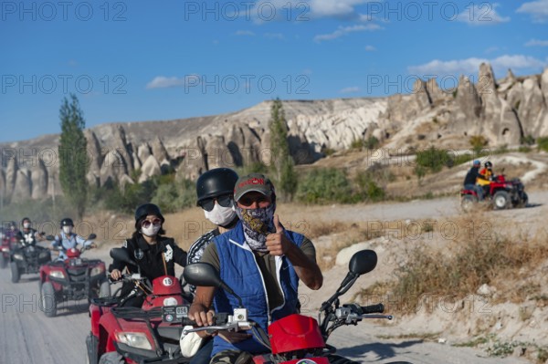 Cappadocia, Turkey. 17th September 2018 Motorcycle ATV riders having fun in the Cappadocia landscape near the town of Goreme in Anatolia, Turkey