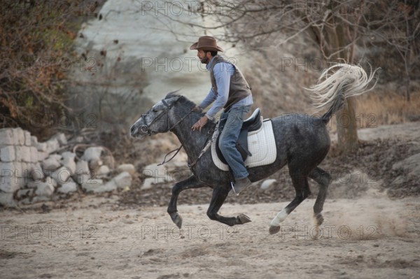 Cappadocia, Turkey. November 8th 2017 Irfan Ozdogan enjoys a gallop on his ranch in the Gorkundere Valley near Goreme, Cappadocia, Turkey