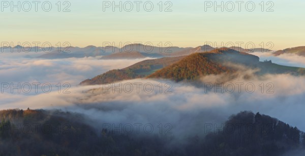 View from the Gisliflue of the Jura foothills Wasserfluh covered in fog, in morning light, Talheim, Canton, Aargau, Switzerland