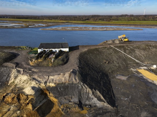 Haltern-Marl, North Rhine-Westphalia, Germany - Lippe, flood protection in the Haltern-Lippramsdorf-Marl area (HaLiMa) . Flood protection on the River Lippe by relocating the dyke and thus extending the floodplain. At the back is the completed floodplain north, the north dyke. In front, work is still underway on the south dyke