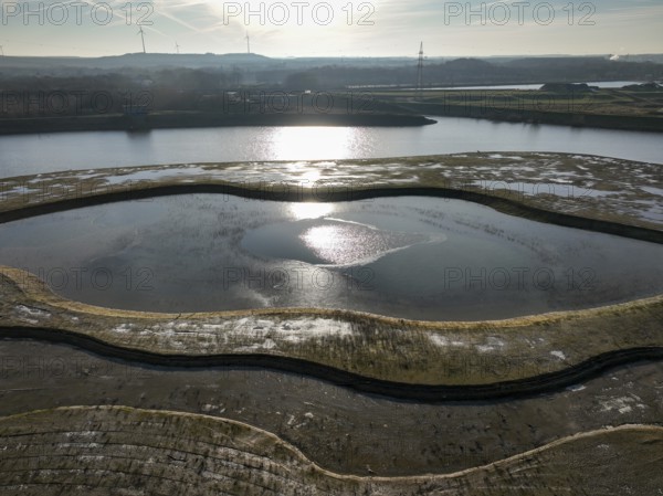 Haltern-Marl, North Rhine-Westphalia, Germany - Lippe, flood protection in the Haltern-Lippramsdorf-Marl area (HaLiMa) . Flood protection on the River Lippe by relocating the dyke and thus extending the floodplain. In front the completed floodplain north, the north dyke. Work is still underway on the south dyke