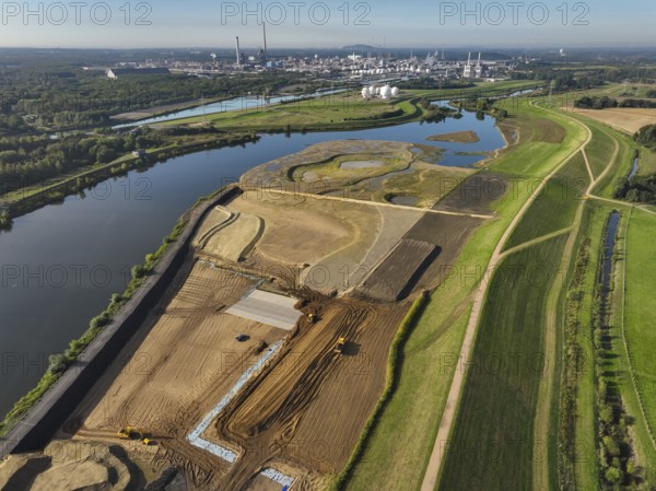 Haltern-Marl, North Rhine-Westphalia, Germany - Lippe, flood protection in the Haltern-Lippramsdorf-Marl area (HaLiMa) . Flood protection on the River Lippe by relocating the dyke and thus extending the floodplain. Marl Chemical Park at the back