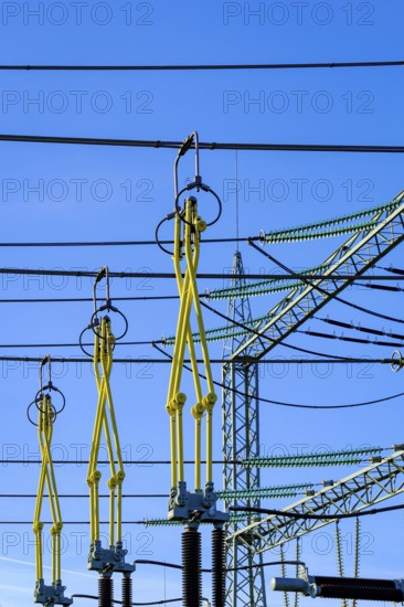 Mülheim, North Rhine-Westphalia, Germany - Transformer substation, critical infrastructure, node in the high-voltage grid of the transmission system operator Amprion. Conversion and distribution at the high-voltage level. Grid level: The station operates in the high-voltage range (380 kV and 110 kV) . It is used for the transformation and distribution of electrical energy in the Ruhr region and provides a connection between the transmission grid (Amprion) and regional distribution grids