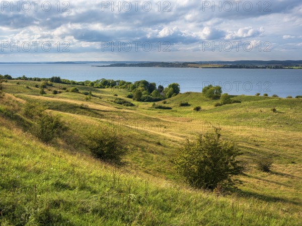 Hilly landscape in the Zicker Mountains, including Zicker Alps, view over the lagoon landscape, Mönchgut nature reserve, Gross Zicker, Mönchgut peninsula, Rügen island, Mecklenburg-Western Pomerania, Germany