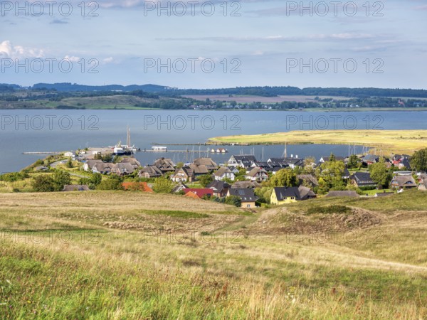Hilly landscape in the Zicker Mountains, including Zicker Alps, view over the lagoon landscape and the village of Gager with harbour, Mönchgut nature reserve, Gross Zicker, Mönchgut peninsula, Rügen island, Mecklenburg-Western Pomerania, Germany