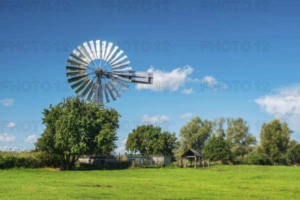 Historic Pumping Plant with Wind Turbine near Middelhagen, Mönchgut Peninsula, Rügen Island, Mecklenburg-Western Pomerania, Germany