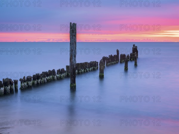 Sunrise on the Baltic Sea beach with old grouse at the Baltic Sea resort of Breege-Juliusruh, Wittow Peninsula, Rügen Island, Mecklenburg-Western Pomerania, Germany