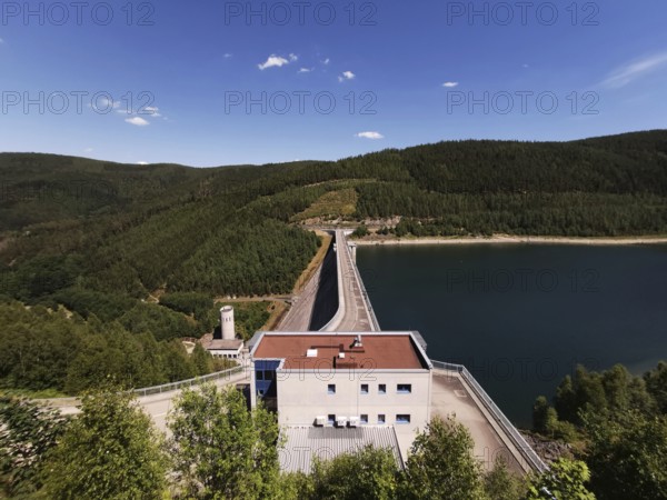 View from above of the Leibis Lichte dam in summer, energy generation in the Thuringia nature park Park