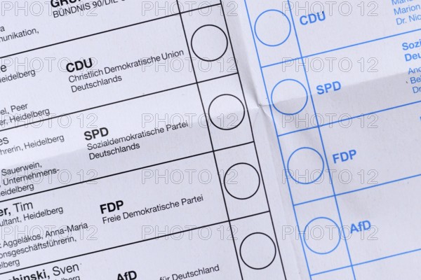 Heidelberg, Germany - February 11th 2026: Candidates on ballot paper for Baden-Württemberg 'Landtagswahl' state election 2026 showing voting options