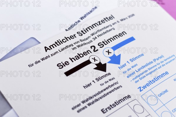Heidelberg, Germany - February 11th 2026: Ballot paper for Baden-Württemberg 'Landtagswahl' state election 2026 showing voting options