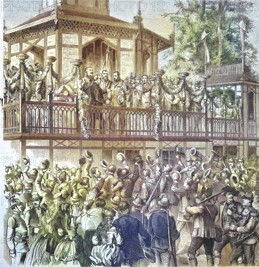 Shooting festival, a traditional festival or a mass with target shooting, here the distribution of prizes and awards in Vienna, Austria/shooting festival, marksmen's festival, a traditional festival or fair featuring a target shooting, here the distribution of awards and prizes at Vienna, Austria, historical, digitally restored reproduction of an original original from the 19th century, exact original date not known, subsequently colored