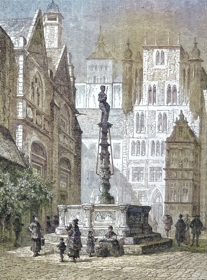 The historic market square of Hildesheim, Lower Saxony, Germany/The historic market square of Hildesheim, Lower Saxony, Germany, historically, digitally restored reproduction of an original model from the 19th century, exact original date unknown, subsequently colored