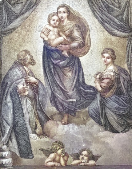 The Sistine Madonna, also known as Madonna di San Sisto, is an oil painting by Italian artist Raphael Sanzio/The Sistine Madonna, also called the Madonna di San Sisto, is an oil painting by the Italian artist Raphael Sanzio, historical, digitally restored reproduction of an original model from the 19th century, exact original date not known, subsequently colored