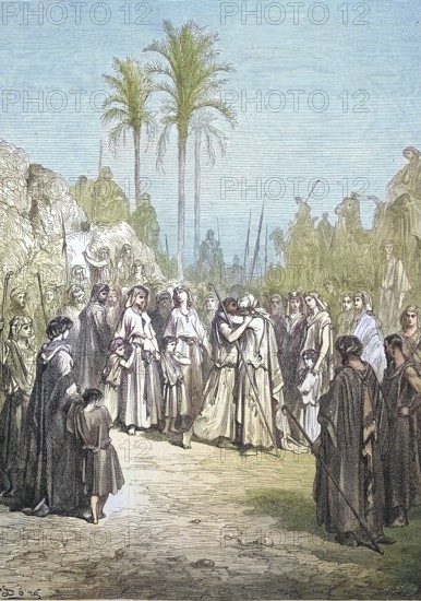 The reconciliation of Jacob and Esau, biblical scene, Esau and Jacob reconcile/The Reconciliation of Jacob and Esau, biblical scene, Esau and Jacob reconcile, historical, digitally restored reproduction of an original model from the 19th century, exact original date not known, subsequently colored