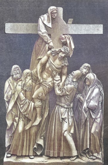 The Deposition of Christ from the Cross is the scene depicted in art from the Gospels reports in which Joseph of Arimathea and Nicodemus remove Christ from the cross after his crucifixion, here a relief from the church of Seligenstadt, Germany/The Descent from the Cross, or Deposition of Christ, is the scene, as depicted in art, from the Gospels' accounts of Joseph of Arimathea and Nicodeea Mus taking Christ down from the cross after his crucifixion, here a relief from the church of Seligenstadt, Germany, historical, digital restored reproduction of an original model from the 19th century, exact original date unknown, subsequently colored