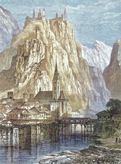 View of Chiusa, Chiusa, a community in South Tyrol in northern Italy/view of Klausen, Chiusa, a comune in South Tyrol in northern Italy, historical, digitally restored reproduction of an original model from the 19th century, exact original date not known, subsequently colored