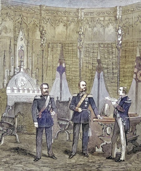 Martin Sigismund Eduard von Simson, 1810 - 1899, German lawyer and important liberal politician, hands over a letter from the North German Reichstag to the King of Prussia, Germany/Martin Sigismund Eduard von Simson, a German lawyer and distinguished liberal politician handed over a letter of the Northern German Reichstag to the King of Prussia, at the Castle of Hohenzollern, Germany, historical, digitally restored reproduction of an original model from the 19th century, exact original date unknown, Colored afterwards