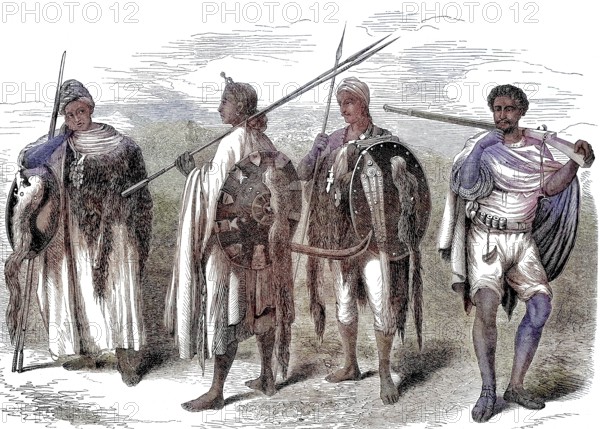 Warriors from Abyssinia, Ethiopian Empire, Ethiopia/Warriors from Abyssinia, Ethiopian Empire, Ethiopia, historical, digitally restored reproduction of an original model from the 19th century, exact original date unknown, subsequently colored