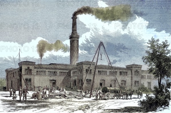 Borsig is a German engineering company, hammer mill, hammer forge or hammer mill, based in Berlin, Germany/Borsig is a German engineering company, hammer mill, hammer forge or hammer works, based in Berlin, Germany, historical, digitally restored reproduction of an original original from the 19th century, exact original date not known, subsequently colored