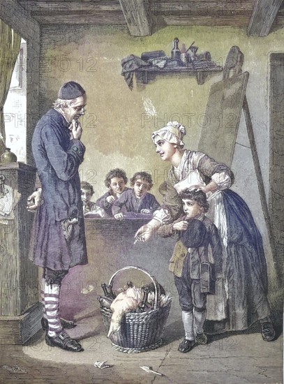 At school, in the classroom, with teachers and students, a mother brought a gift, a basket with a slaughtered duck and beer bottles/In school, classroom, teacher and student, a mother has brought a present, a basket with a slaughtered duck and beer bottles, historical, digitally restored reproduction of an original original from the 19th century, exact original date not known, subsequently colored