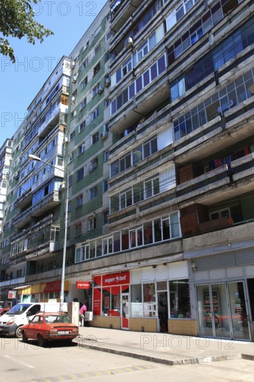 Romania, capital Bucharest, Bucuresti, old prefabricated buildings in Ceausescu style in the center of the city