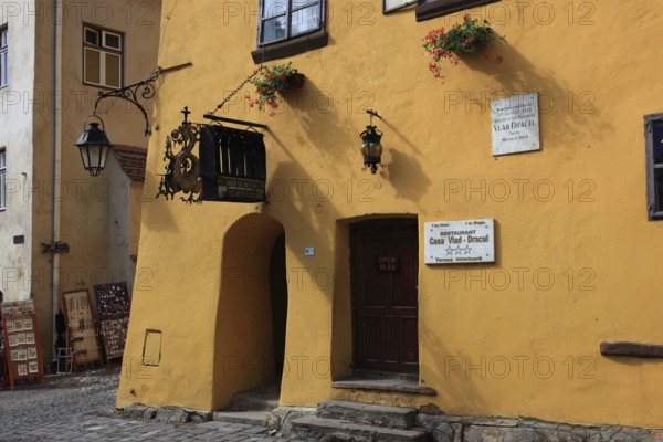 Romania, the house façade of Vlad Tepes' birthplace in the historic old town of Sighisoara, German Sighisoara, town in Mures district in Transylvania, UNESCO World Heritage Site