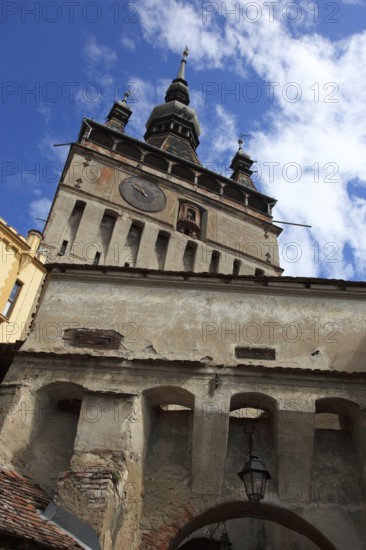 Romania, hour tower in the historic old town of Sighisoara, German Sighisoara, town in Mures district in Transylvania, UNESCO World Heritage Site