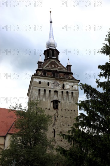Romania, church tower of the fortified church of Saschiz, German Keisd, municipality in Mures district, Transylvania, UNESCO World Heritage Site