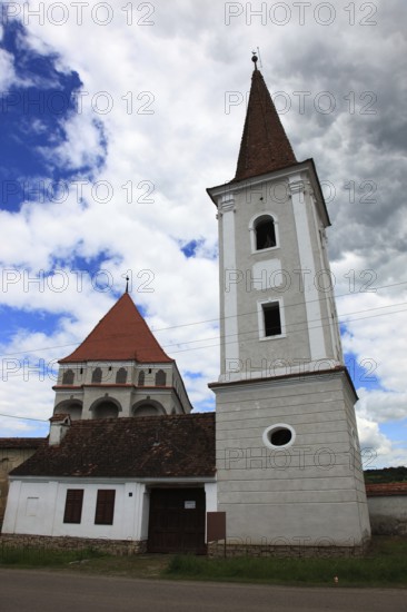 Romania, church tower of the fortified church in the village of Klosdorf, Romanian Cloasterf, Mieresch district, Mures, Transylvania