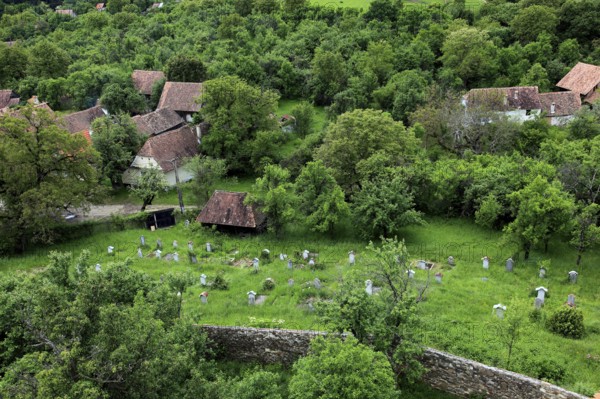 Romania, view from the fortified church of the fortified church and houses of Viscri, German Deutsch-Weisskirch a town in the district of Brasov, Transylvania, UNESCO World Heritage Site