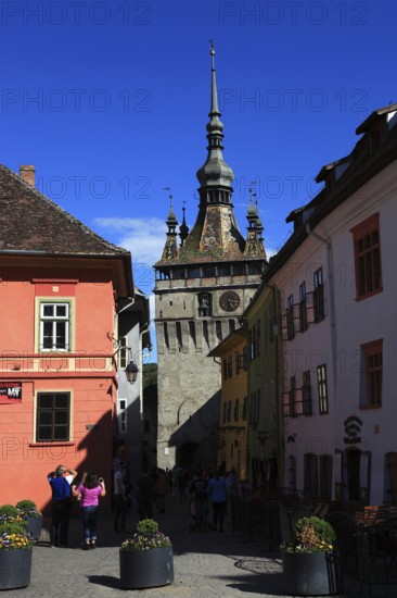 Romania, the hour tower in the historic old town of Sighisoara, German Sighisoara, town in Mures district in Transylvania, UNESCO World Heritage Site