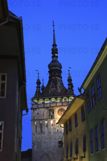 Romania, hour tower in the historic old town of Sighisoara, German Sighisoara, town in Mures district in Transylvania, UNESCO World Heritage Site