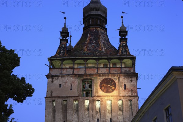 Romania, hour tower in the historic old town of Sighisoara, German Sighisoara, town in Mures district in Transylvania, UNESCO World Heritage Site