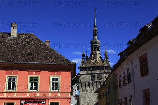 Romania, the hour tower in the historic old town of Sighisoara, German Sighisoara, town in Mures district in Transylvania, UNESCO World Heritage Site