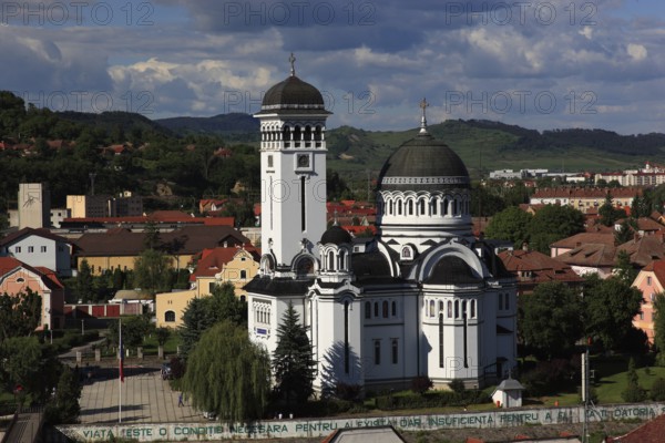 Romania, view from Castle Hill to the Orthodox Cathedral, Sfanta Treime, the town of Sighisoara, German Sighisoara, city in Mures district in Transylvania