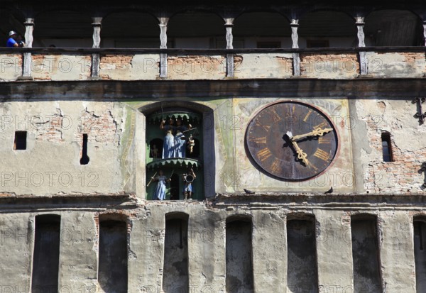 Romania, detail of the hour tower in the historic old town of Sighisoara, German Sighisoara, town in Mures district in Transylvania, UNESCO World Heritage Site