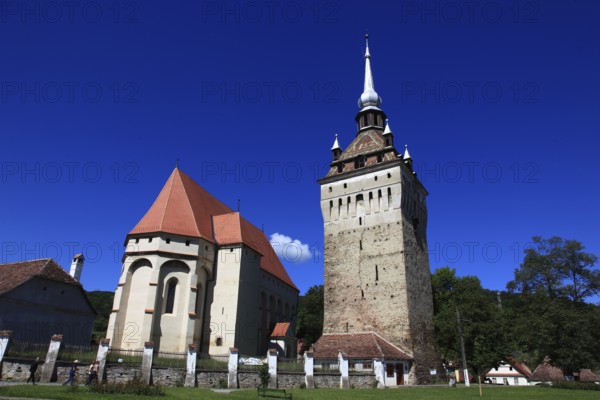Romania, the church tower and church of Saschiz, German Keisd, a community in Mures County, Transylvania, Unesco