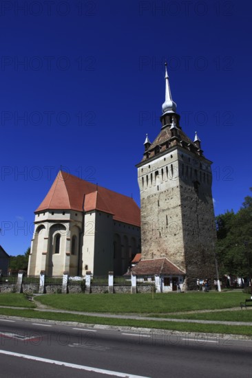 Romania, the church tower and church of Saschiz, German Keisd, a community in Mures County, Transylvania, Unesco