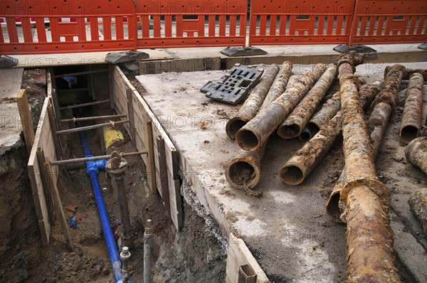 Construction site, civil engineering, water renewal, water pipes, water supply, residential area, Sommerrain, Stuttgart, Baden-Württemberg, Germany