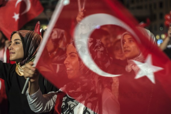 Istanbul. Turkey. July 19th 2016 Thousands of Turkish pro Akp government supporters have been flocking to the main Taksim square in Istanbul to celebrate the failed coup attempt