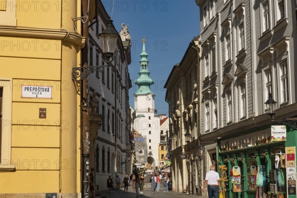 Bratislava, Slovakia. October 2nd 2023 Pedestrian only streets of the Old Town of Bratislava with Michaels Gate, a preserved medieval fortification, Slovakia