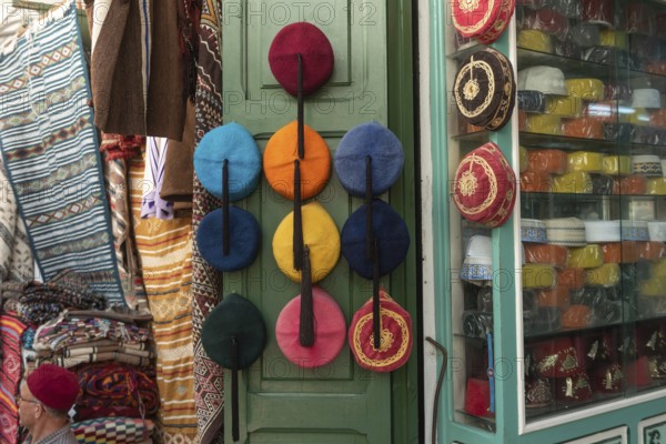 Tunis, Tunisia 15th May, 2024 Colourful Tunisian Chechia, traditional soft wool hats popular in the Maghreb region of North Africa for sale in Souk Ech-Chaouachine, the Medina of Tunis, Tunisia