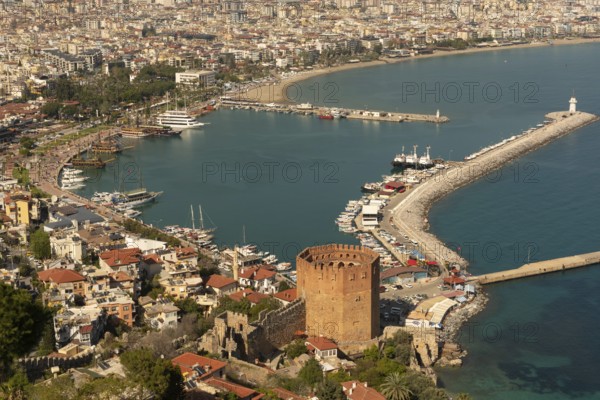 Alanya, Turkey. April 7th 2021 Landscape view of Alanya Harbour and the Red Tower with the city and Mediterranean sea, Turkey