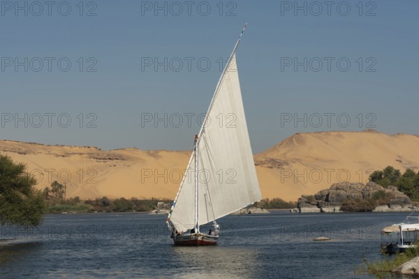 Aswan, Egypt. December 10th 2022 Beautiful landscape view of an Egyptian Felucca sail boat along the River Nile at Elephantine Island, A Nubian Village in Upper Egypt
