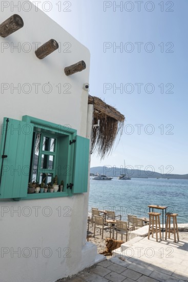 Bodrum, Mugla, Turkey. April 21st 2022 Beautiful Turquoise window of a cafe on the sea front of Bodrum Harbour, the Turkish southwest coast of the Aegean Sea, Turkey