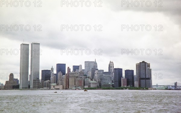 Historic skyscrapers Lower Manhattan skyline and the original World Trade Center towers Twin Towers completed 1973, New York City, USA 1976