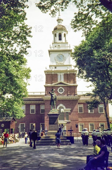 Independence Hall and statue of Commodore John Barry, Philadelphia, Pennsylvania, USA 1976
