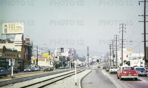 Sunset Boulevard looking east from the intersection of La Cienega Boulevard in West Hollywood, California, USA, 1976