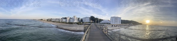 Sunset, pier, Heiligendamm is the oldest seaside resort in Germany and continental Europe, founded in 1793 by Frederick Francis I, Duke of Mecklenburg-Schwerin, hotels, spa architecture, panorama, Baltic Sea coast, Mecklenburg-Western Pomerania, Germany
